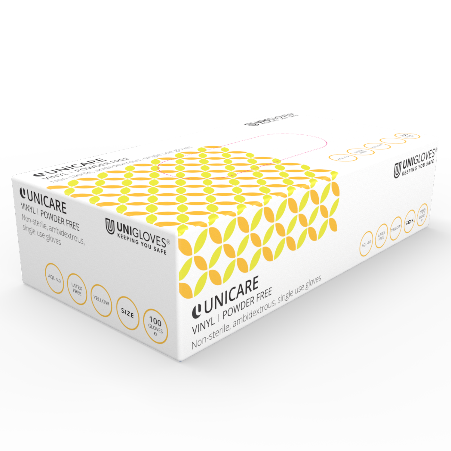 Жълти винилови ръкавици за преглед Unicare Кутия от 100 бр